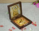 24K Gold-Plated Tirupati Balaji Photo Frame with Charan Paduka | Wooden Gift Box (12×12 cm)a