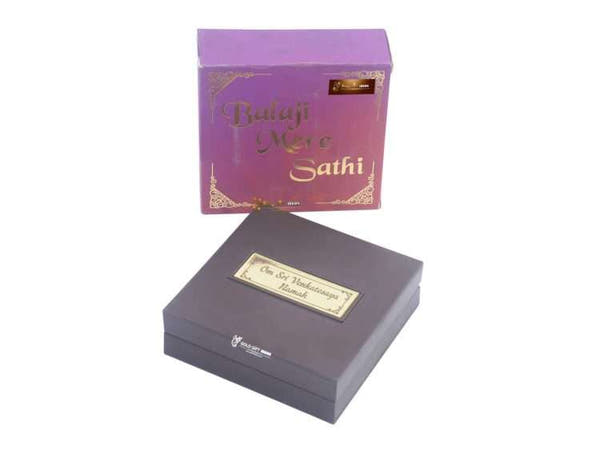 24K Gold-Plated Tirupati Balaji Photo Frame with Charan Paduka | Wooden Gift Box (12×12 cm)a