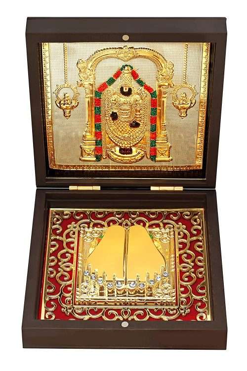 24K Gold-Plated Tirupati Balaji Photo Frame with Charan Paduka | Wooden Gift Box (12×12 cm)a